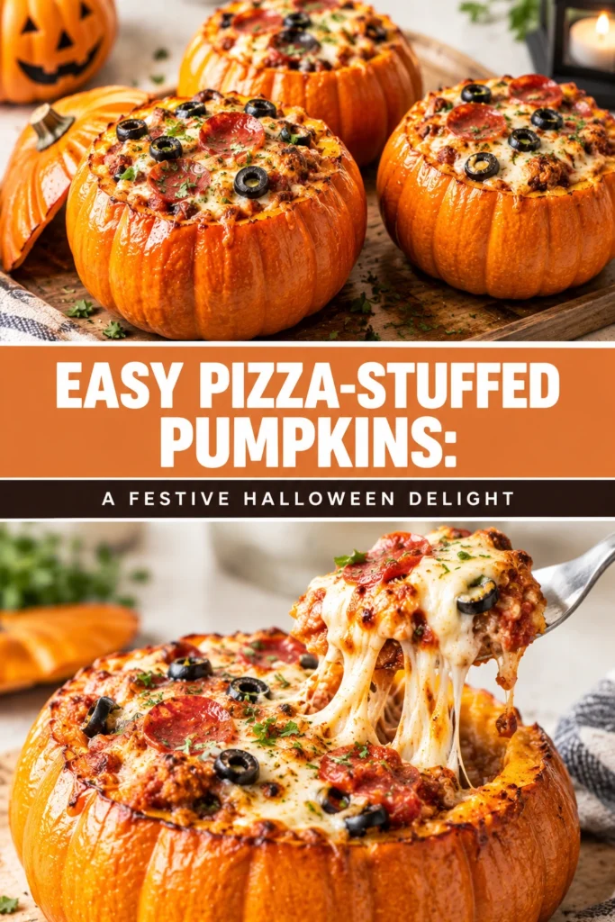 Small hollowed-out pumpkins filled with melted mozzarella, marinara sauce, and pepperoni, baked until golden brown and bubbly.
