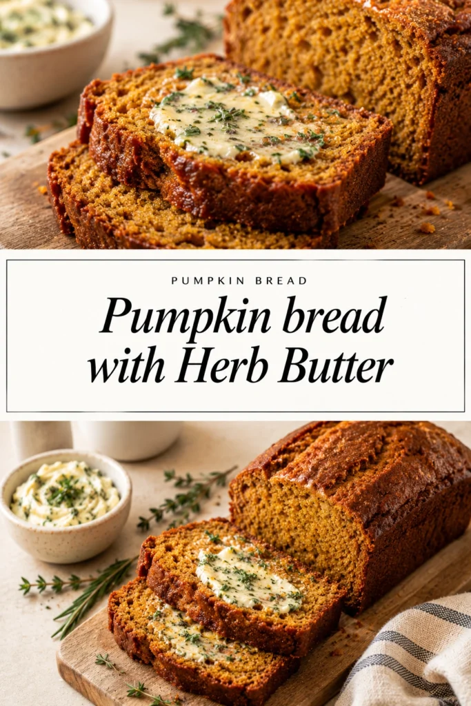 Slices of golden-brown savory pumpkin bread topped with melting herb butter, served on a wooden board with fresh herbs.