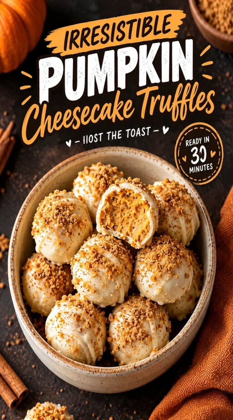 Pumpkin cheesecake truffles coated in white chocolate and orange sprinkles, arranged on a white platter with pumpkin decoration.