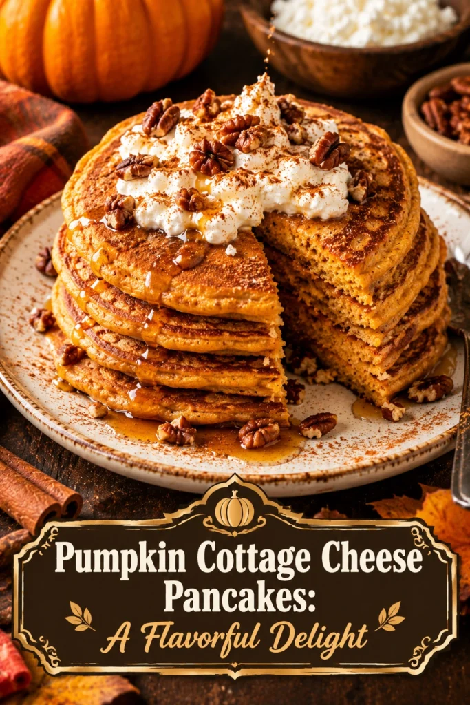 A stack of golden-brown pumpkin cottage cheese pancakes topped with a pat of butter and a drizzle of maple syrup.