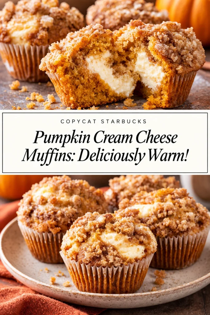 Close up of pumpkin cream cheese muffins with a swirl of cream cheese frosting on top and golden brown edges.