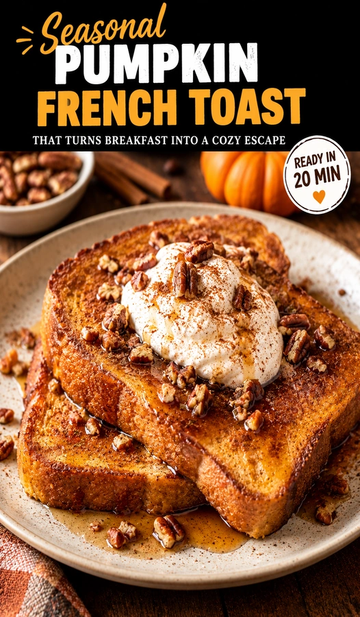 Thick slices of golden brown pumpkin French toast topped with a pat of melting butter and a dusting of cinnamon.