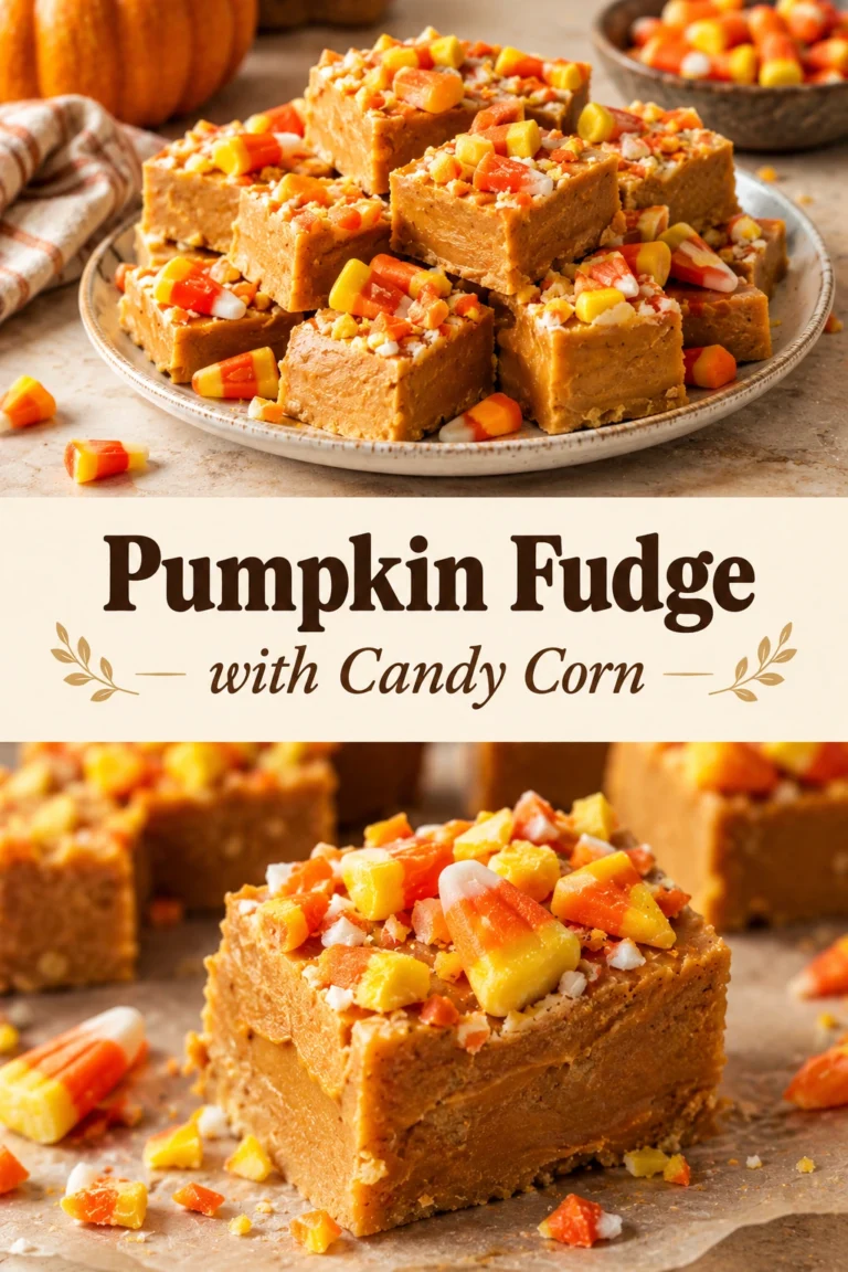 Squares of creamy orange pumpkin fudge topped with colorful candy corn pieces, arranged on a wooden serving board.