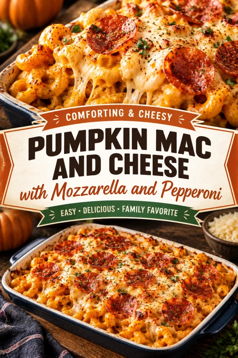 Creamy pumpkin mac and cheese topped with melted mozzarella and crispy pepperoni slices in a white ceramic baking dish.