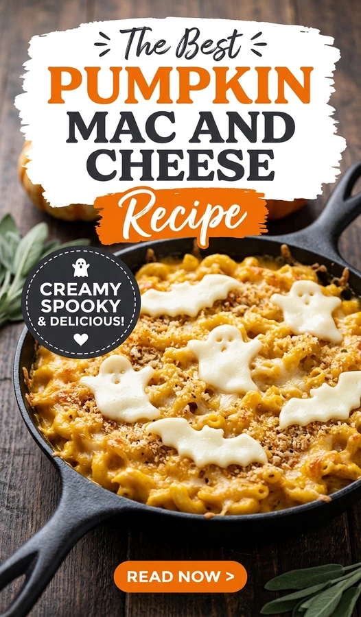 Creamy orange pumpkin macaroni and cheese featuring ghost and pumpkin shaped pasta in a white bowl with melted cheese.