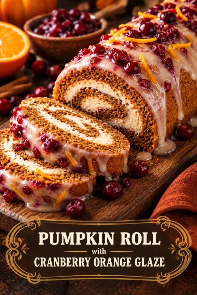 Slices of a pumpkin cake roll with cream cheese filling, drizzled with orange glaze and topped with dried cranberries.