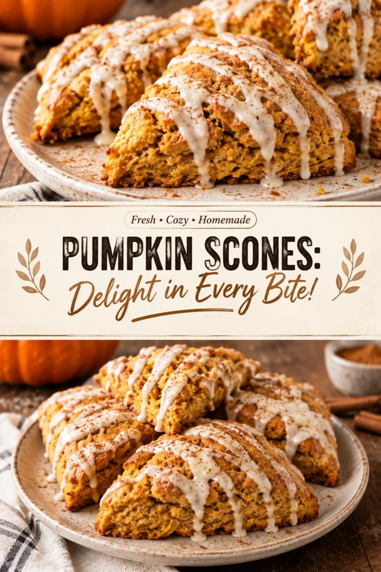 Golden-brown pumpkin scones topped with a white glaze, arranged on a cooling rack with a dusting of cinnamon.