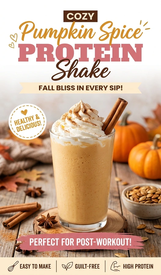 Creamy pumpkin spice protein shake in a glass topped with whipped cream and a sprinkle of cinnamon.