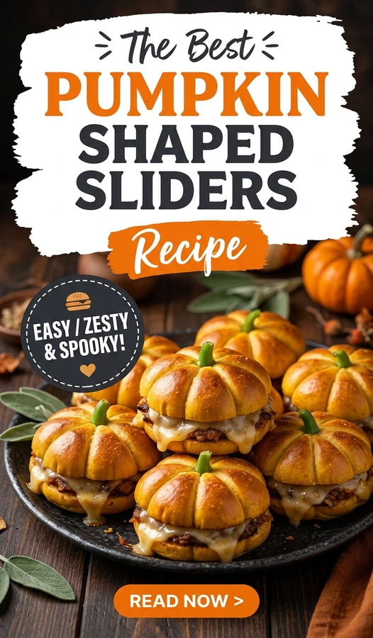 Beef sliders with pumpkin-shaped buns featuring carved faces, served on a platter with a side of dipping sauce.