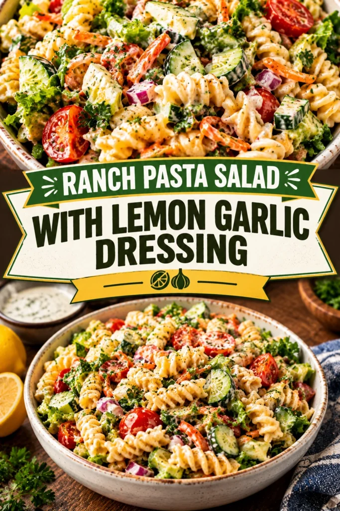 Creamy ranch pasta salad with rotini, diced carrots, celery, and red onion tossed in a lemon garlic dressing.
