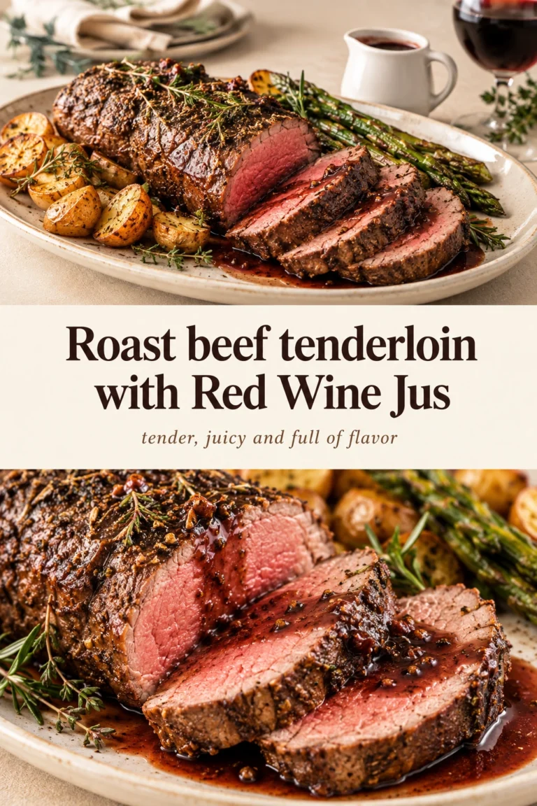 Slices of medium-rare roast beef tenderloin on a platter, drizzled with a glossy red wine jus and garnished with parsley.