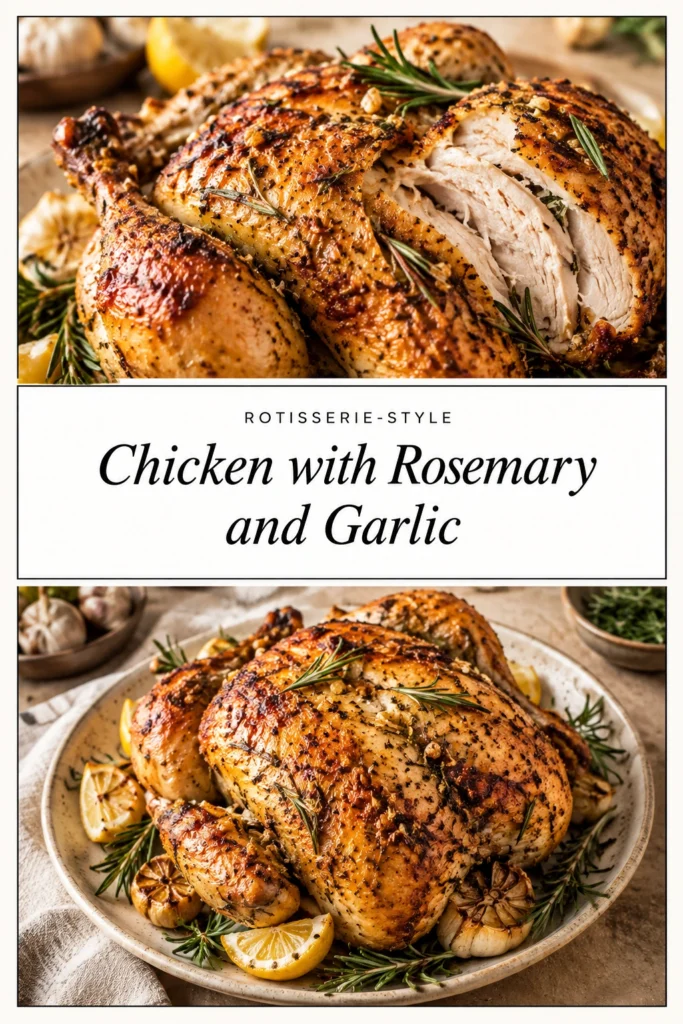 Whole roasted golden-brown chicken on a platter, garnished with fresh rosemary sprigs and roasted garlic cloves.