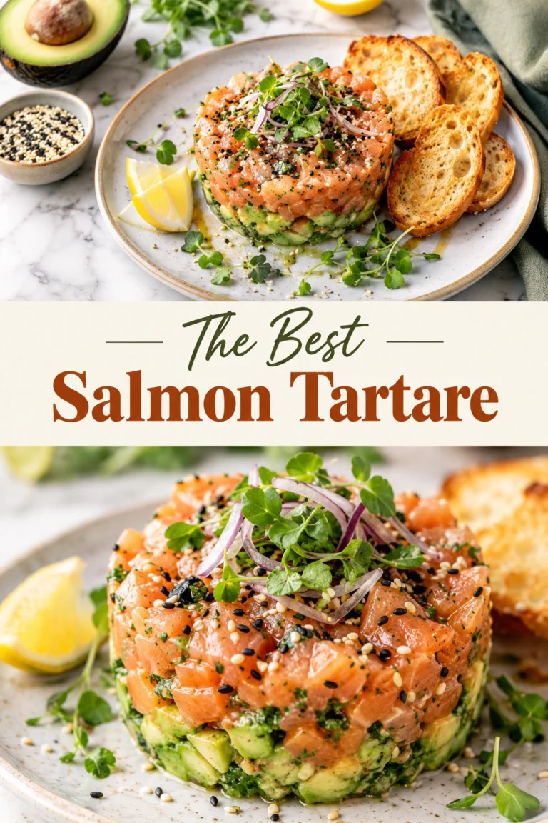 Mounded salmon tartare topped with capers and chives, served on a white plate with toasted baguette slices.