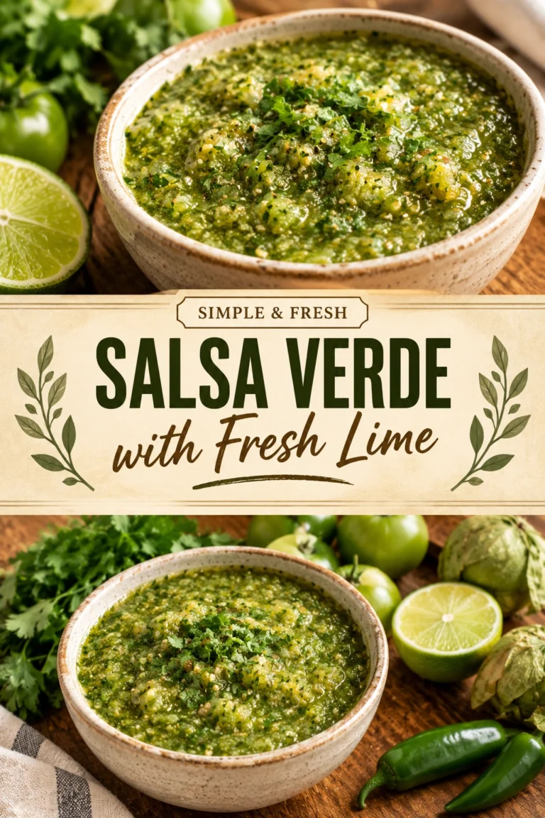 A bowl of bright green salsa verde topped with fresh cilantro and lime wedges, served with crispy tortilla chips.