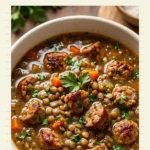 A bowl of hearty sausage lentil soup with sliced carrots and kale, garnished with fresh parsley and black pepper.