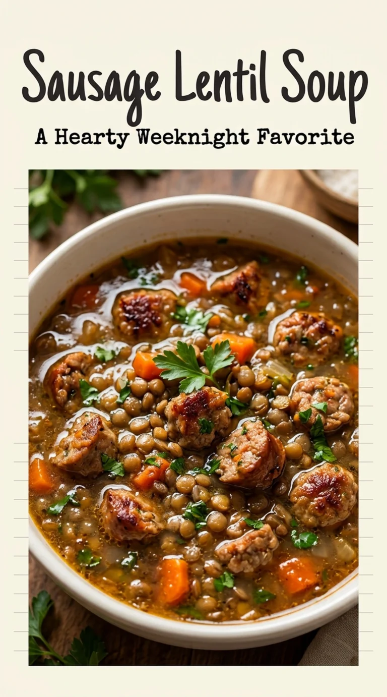 A bowl of hearty sausage lentil soup with sliced carrots and kale, garnished with fresh parsley and black pepper.