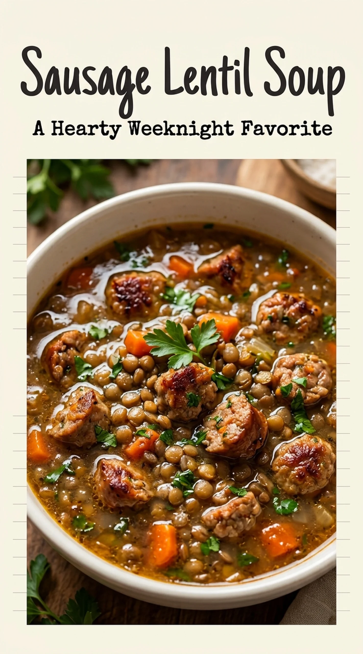 A bowl of hearty sausage lentil soup with sliced carrots and kale, garnished with fresh parsley and black pepper.