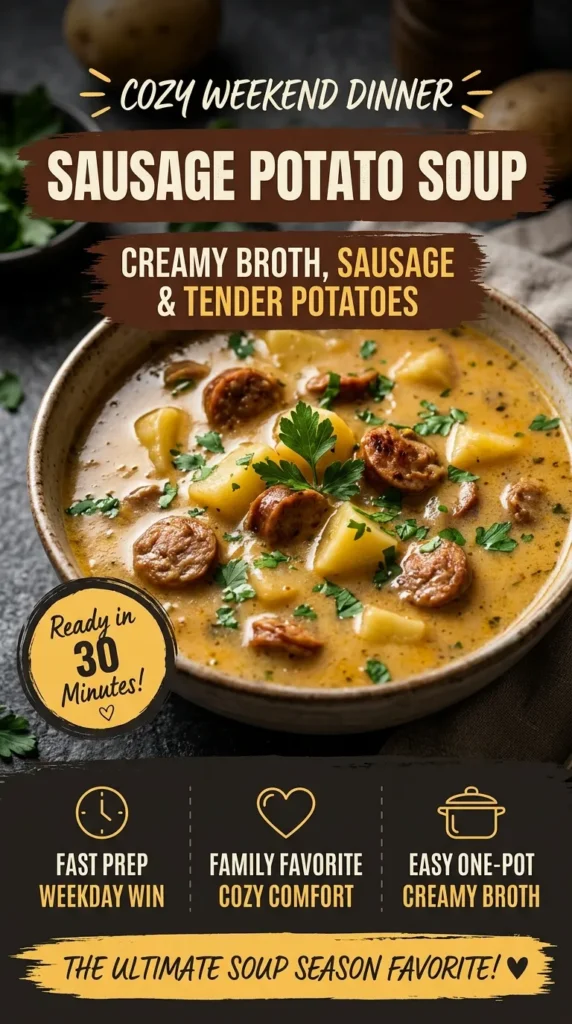 A creamy bowl of sausage and potato soup topped with fresh parsley and cracked black pepper in a rustic bowl.