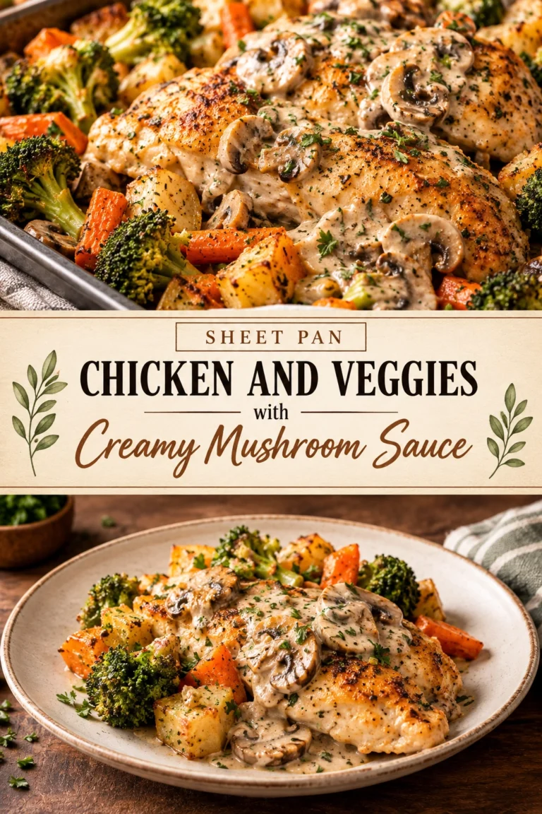 Roasted chicken breasts and mixed vegetables on a sheet pan, topped with a creamy mushroom sauce and fresh parsley.