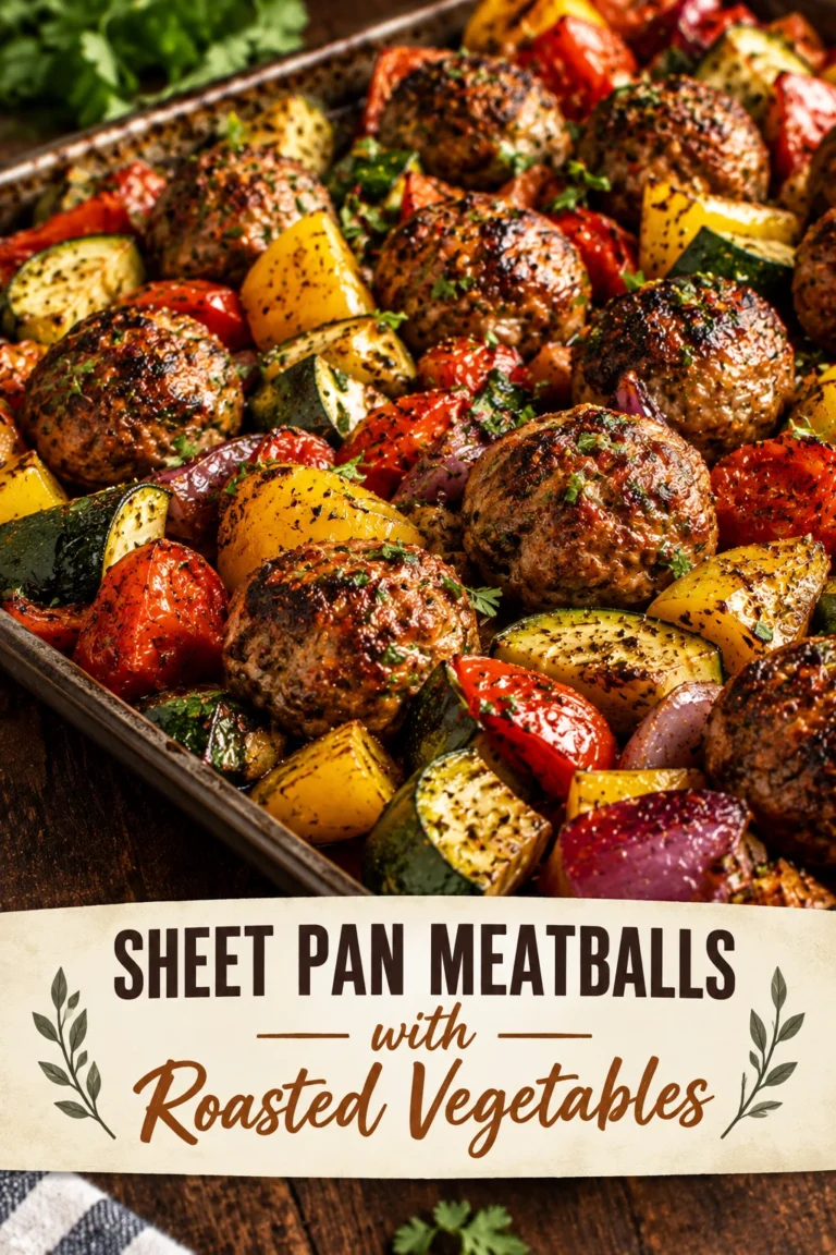 Roasted meatballs on a sheet pan surrounded by caramelized carrots, broccoli, and red bell peppers, garnished with fresh parsley.