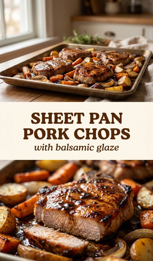 Seared pork chops drizzled with dark balsamic glaze on a sheet pan with roasted carrots and Brussels sprouts.