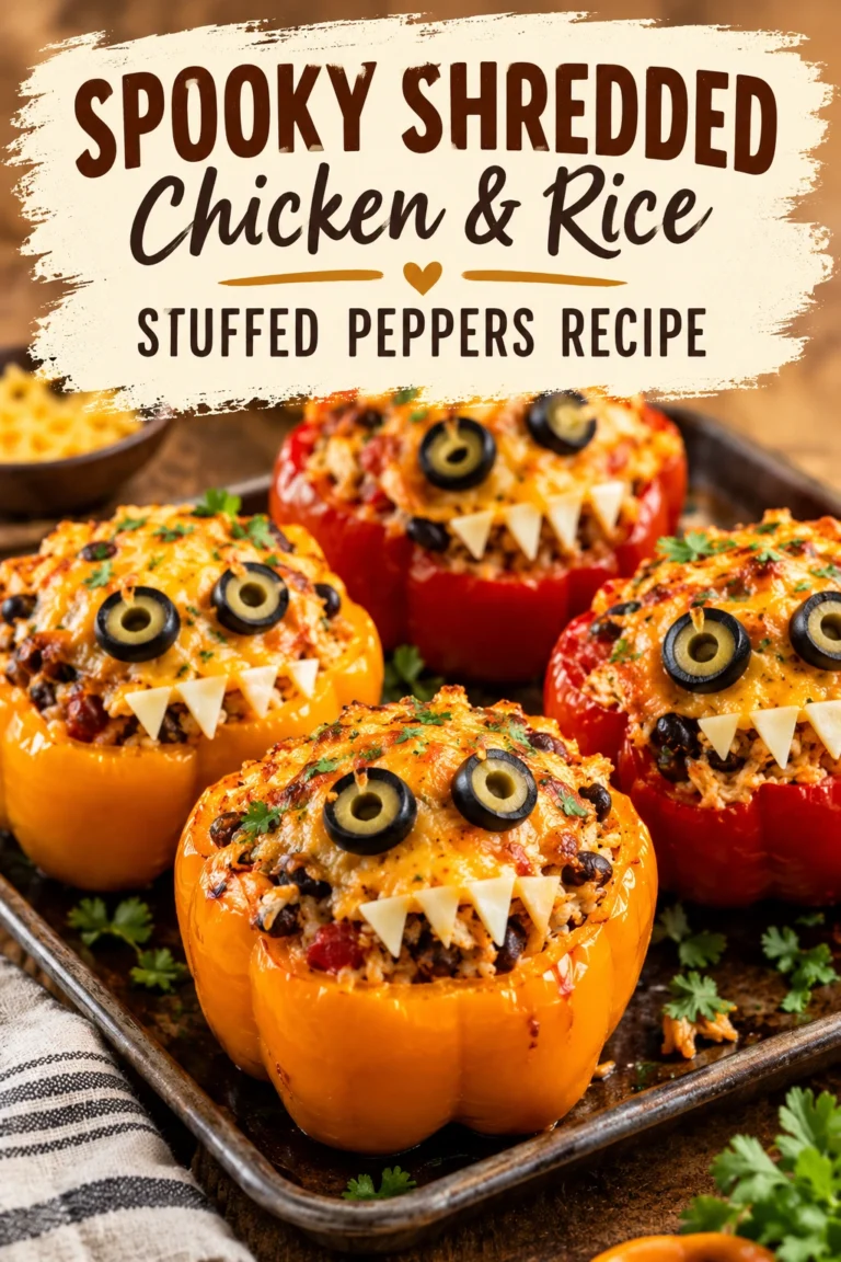 Two orange bell peppers stuffed with shredded chicken and rice, topped with melted cheese and spooky edible eye decorations.