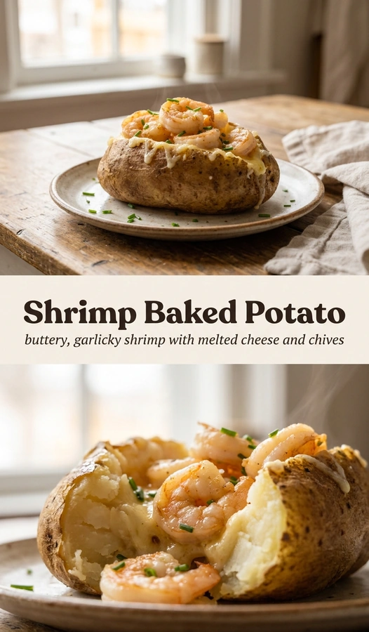 A baked potato split open and filled with creamy shrimp, melted cheese, and topped with fresh chopped parsley.