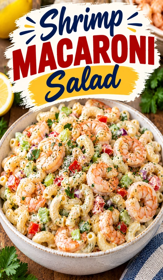 Creamy macaroni salad with succulent shrimp, diced celery, carrots, and red onion in a white bowl, garnished with parsley.
