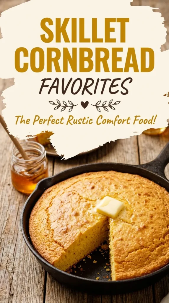 Golden brown cornbread with crispy edges baked in a black cast iron skillet, sliced into squares and served warm.
