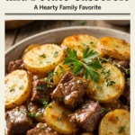 Slow cooker beef and potato casserole with tender chunks of meat and potatoes in a rich brown gravy.