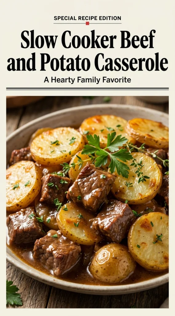 Slow cooker beef and potato casserole with tender chunks of meat and potatoes in a rich brown gravy.