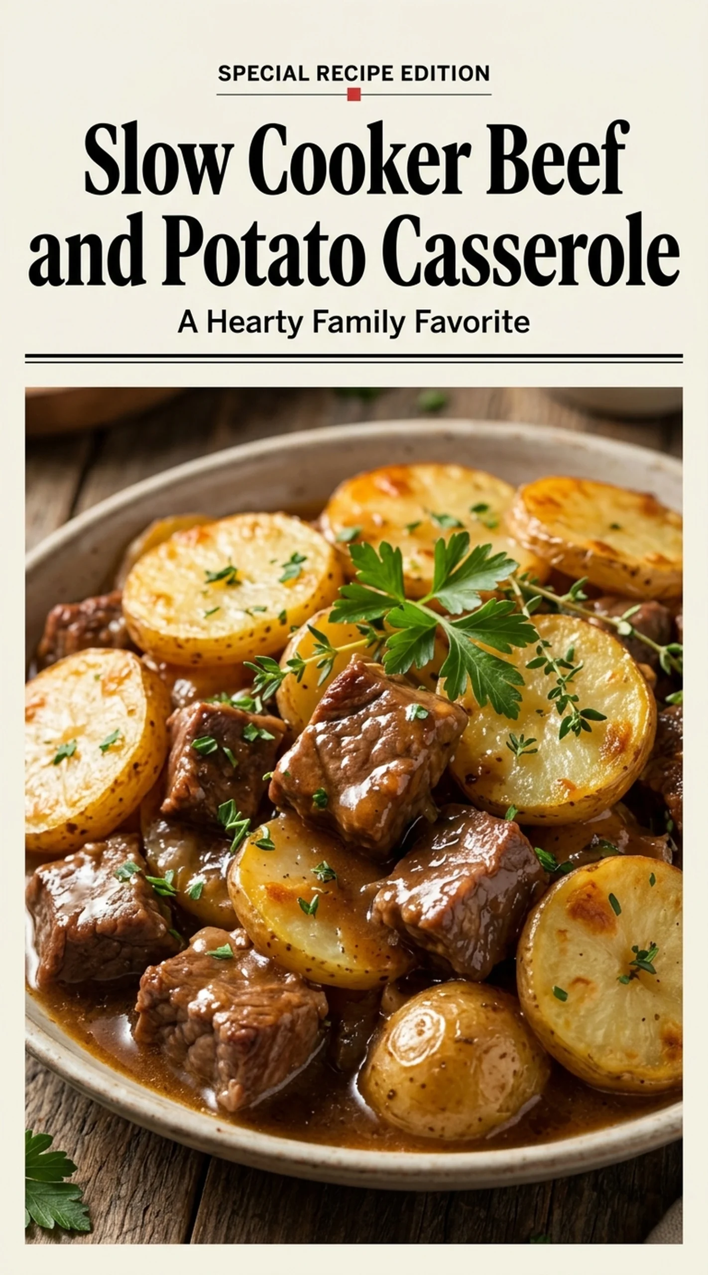 Slow cooker beef and potato casserole with tender chunks of meat and potatoes in a rich brown gravy.