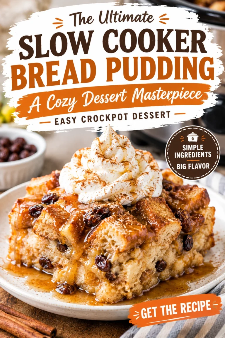Golden brown slow cooker bread pudding in a ceramic pot, topped with a drizzle of cream and cinnamon.