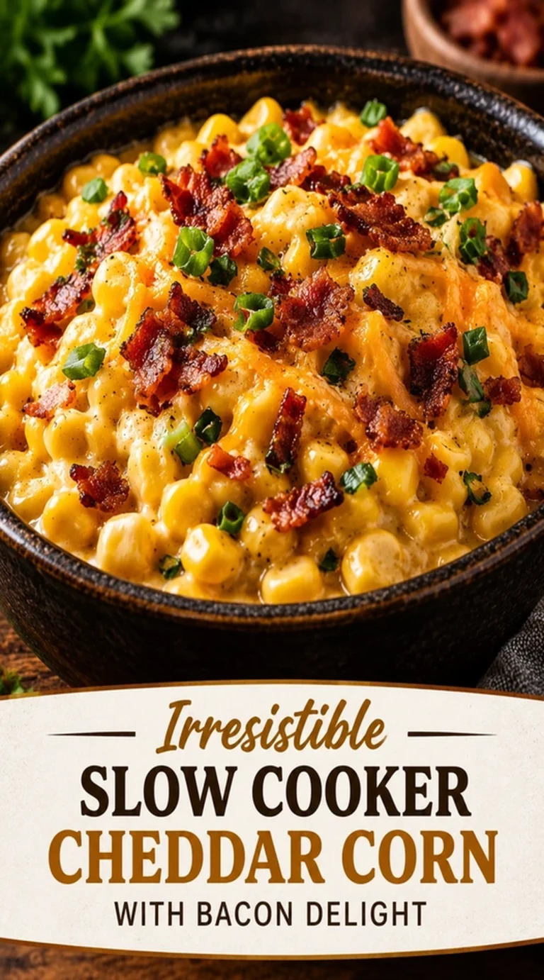 Creamy cheddar corn topped with crispy bacon bits in a slow cooker pot with a serving spoon.
