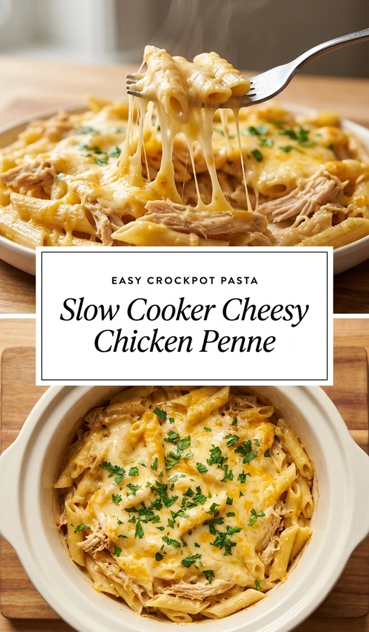 Creamy cheesy chicken penne pasta in a slow cooker, garnished with fresh parsley and melted mozzarella cheese.