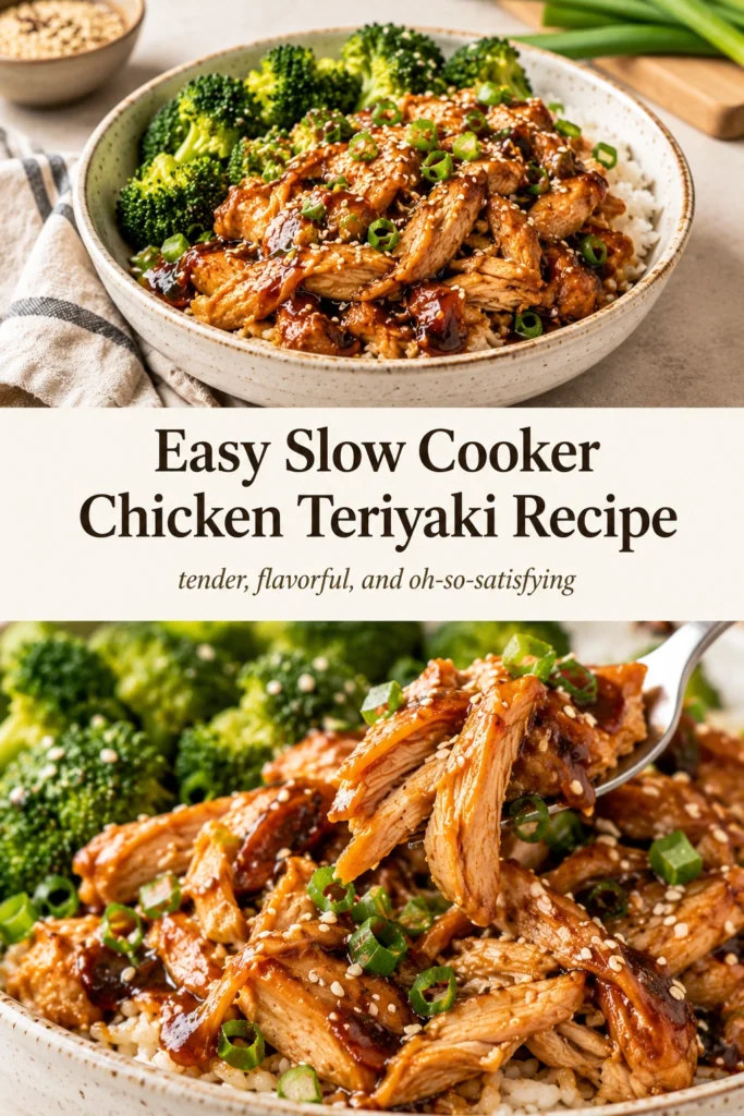 Slow cooker chicken teriyaki with glazed chunks of chicken and sesame seeds served over white rice with steamed broccoli.