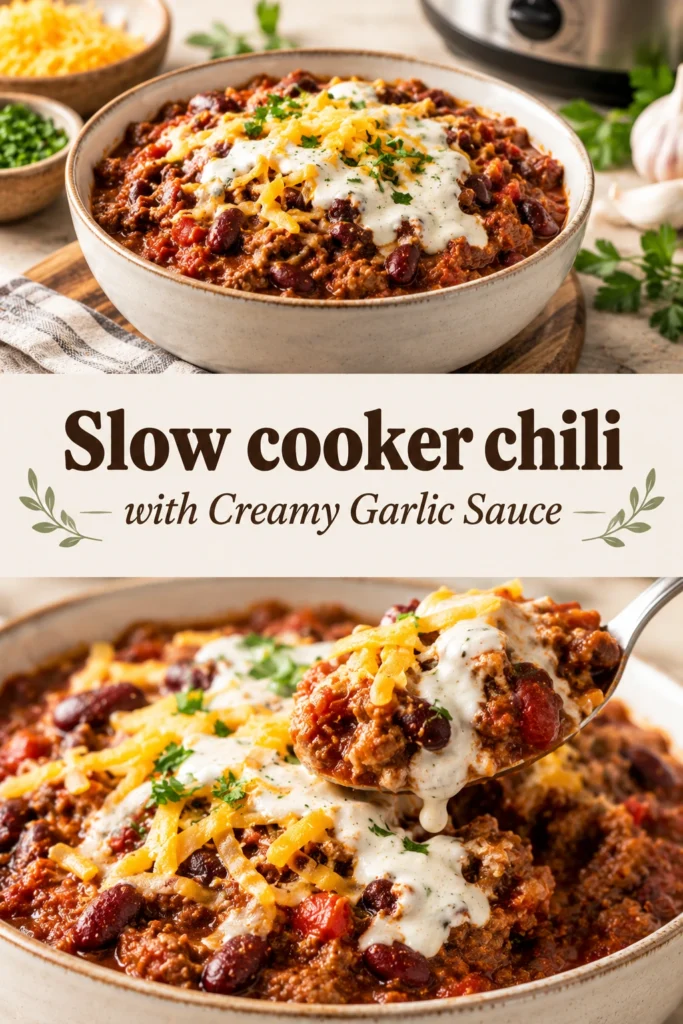 A bowl of hearty slow cooker chili topped with a swirl of creamy garlic sauce, fresh cilantro, and cheese.