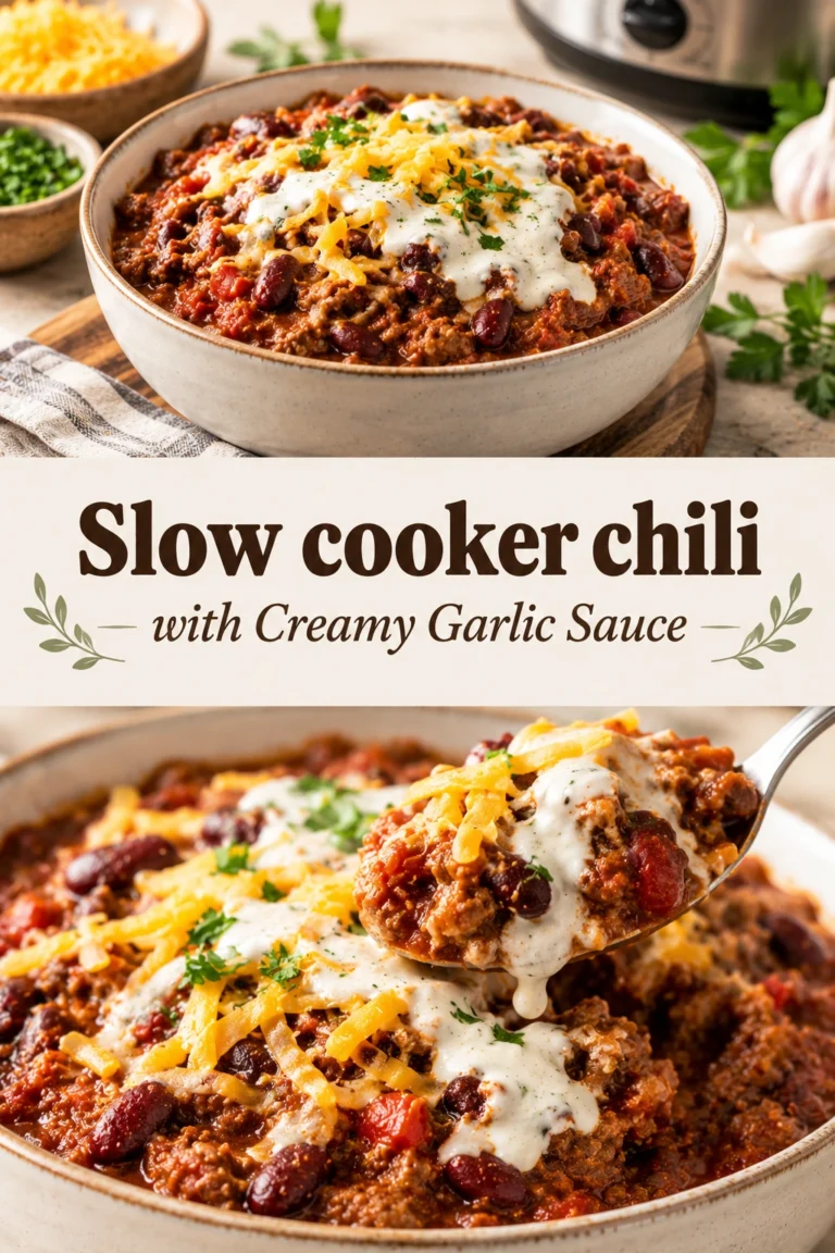 A bowl of hearty slow cooker chili topped with a swirl of creamy garlic sauce, fresh cilantro, and cheese.
