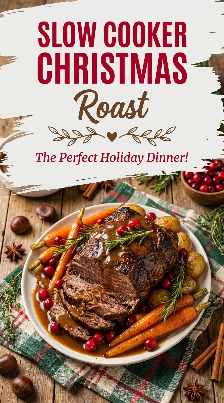 Slices of tender slow cooker roast beef on a platter, garnished with fresh rosemary and surrounded by roasted carrots.