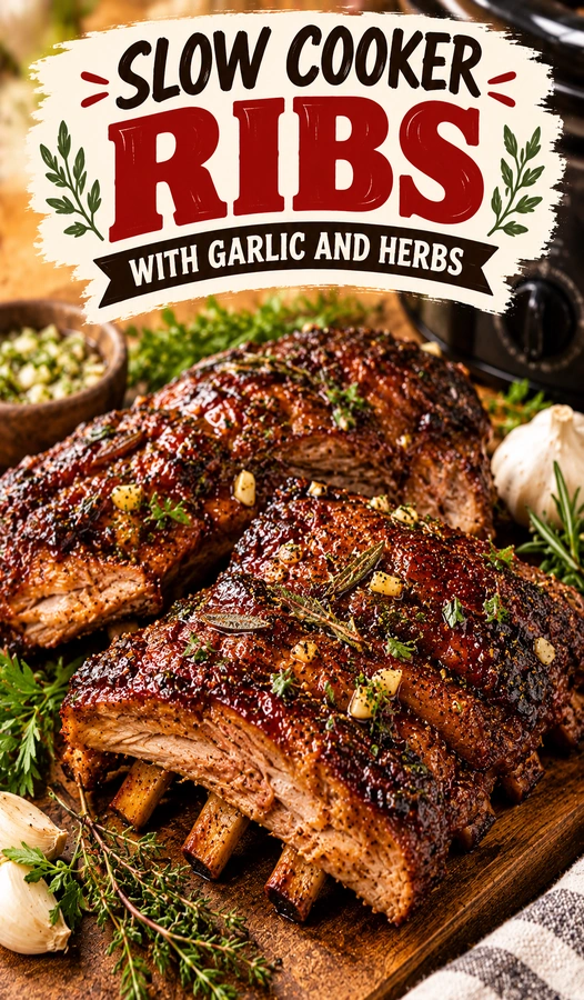 Tender slow cooker pork ribs glazed in garlic and herbs, served on a platter with fresh parsley garnish.