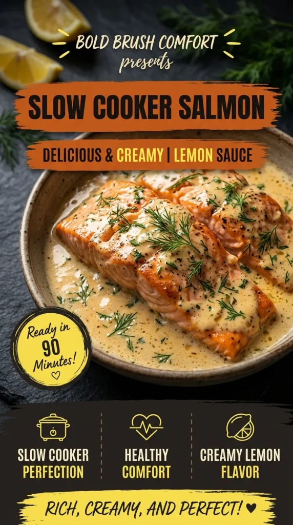 Flaky slow cooker salmon fillets topped with a creamy lemon sauce and fresh parsley in a ceramic serving dish.