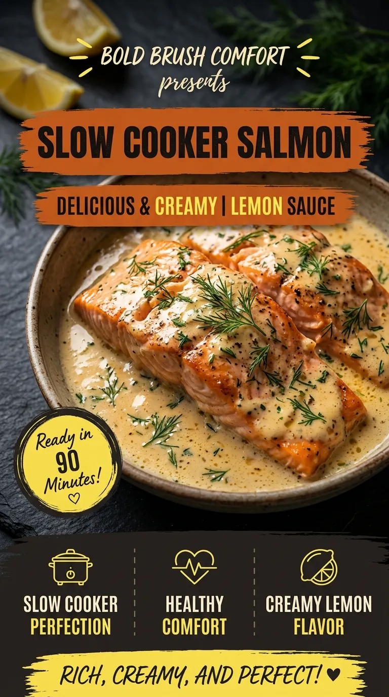 Flaky slow cooker salmon fillets topped with a creamy lemon sauce and fresh parsley in a ceramic serving dish.
