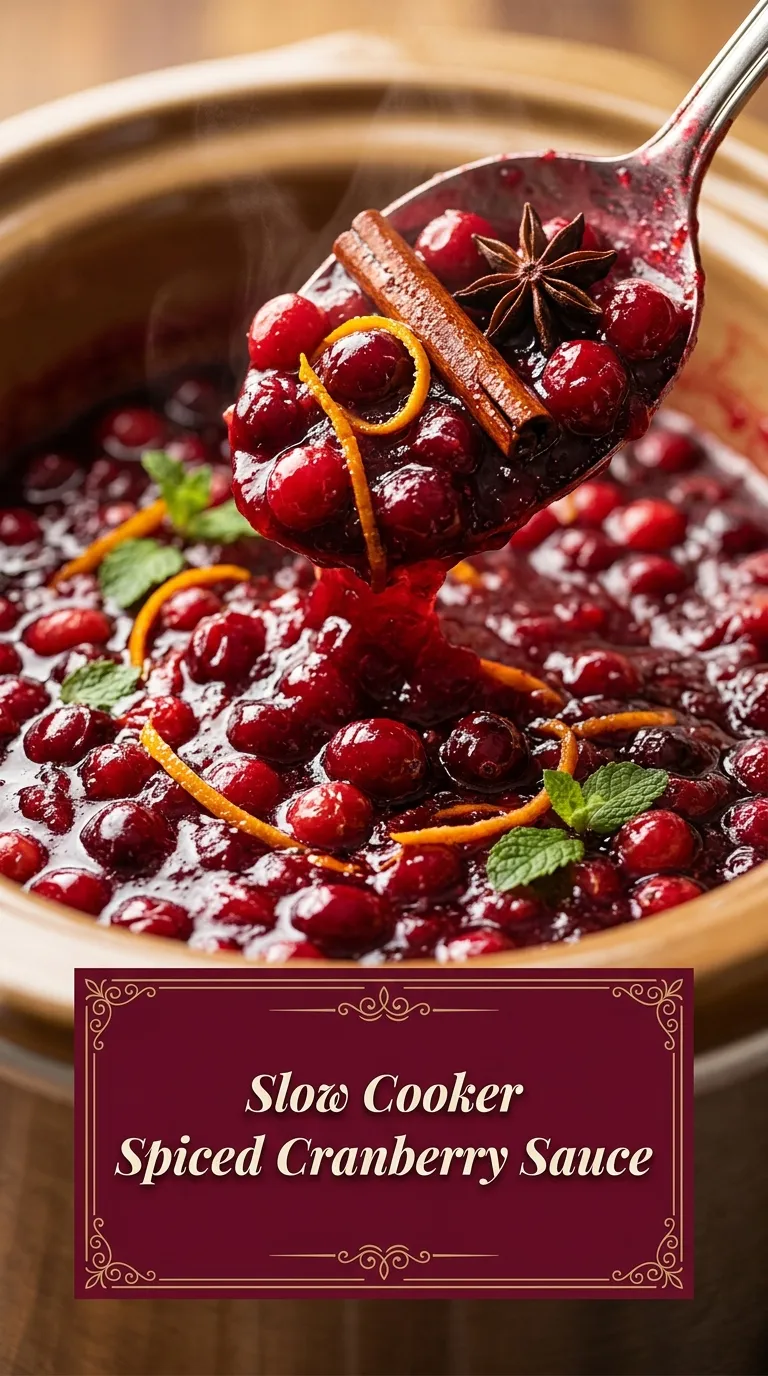 A small glass bowl of thick, deep red spiced cranberry sauce garnished with a fresh cranberry and mint leaf.