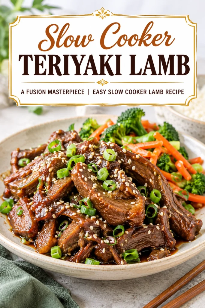 Tender slow cooker teriyaki lamb chunks in a glossy brown sauce, garnished with sesame seeds and sliced green onions.