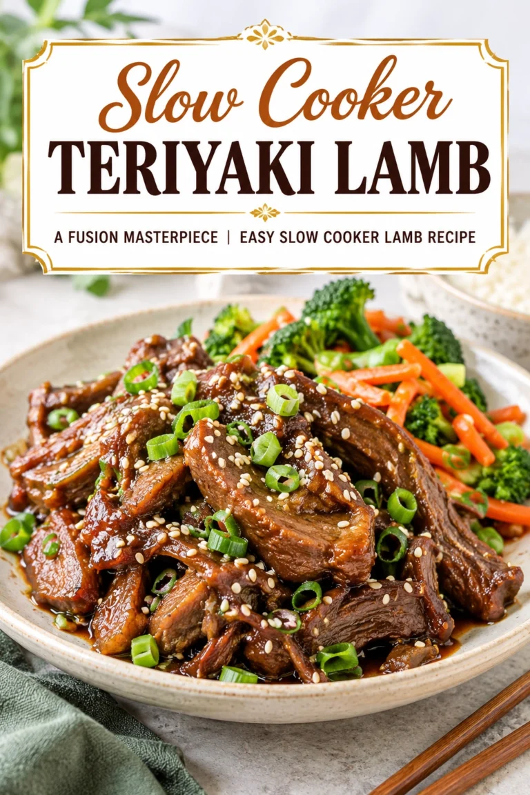Tender slow cooker teriyaki lamb chunks in a glossy brown sauce, garnished with sesame seeds and sliced green onions.