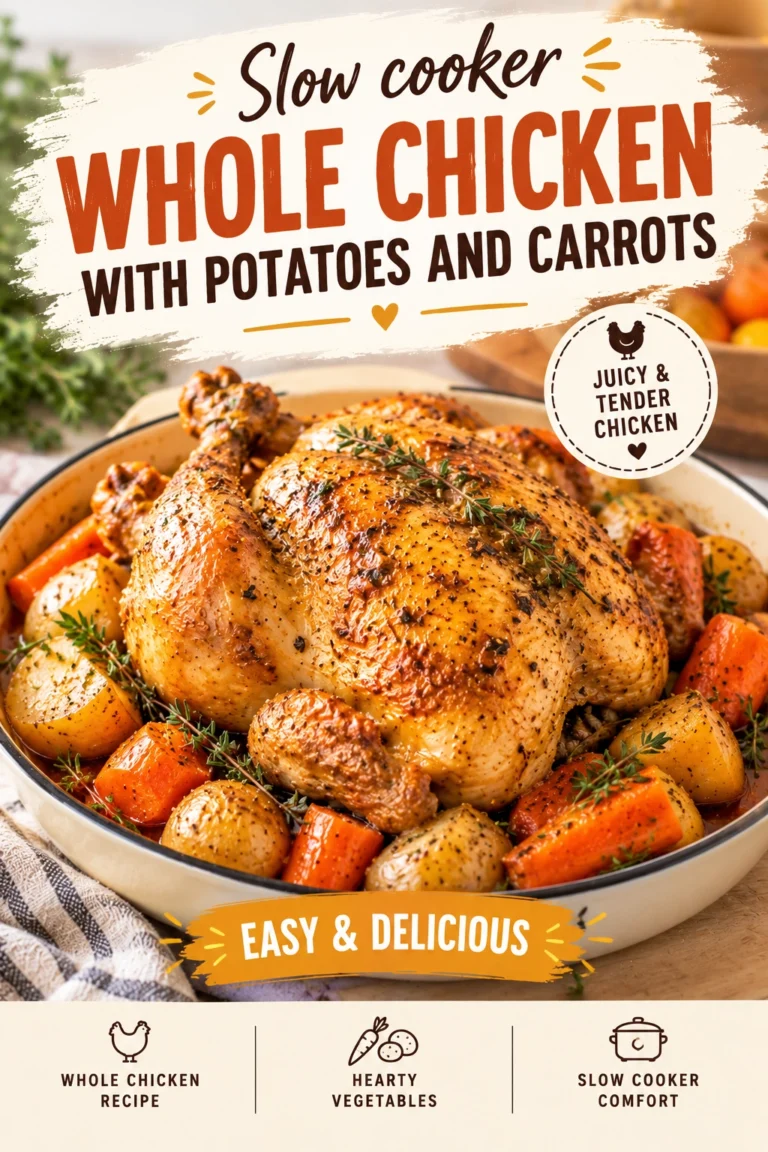 Golden brown whole roasted chicken surrounded by tender potatoes and carrots in a slow cooker with savory pan juices.
