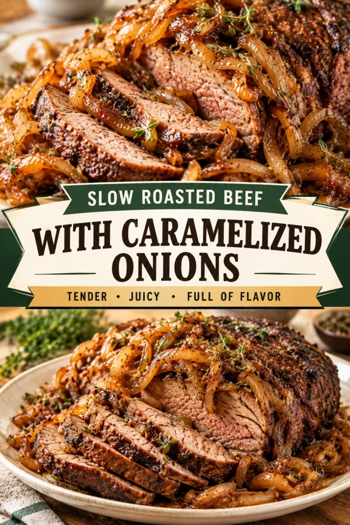 Slices of tender slow roasted beef topped with golden caramelized onions, served on a platter with a rich gravy.