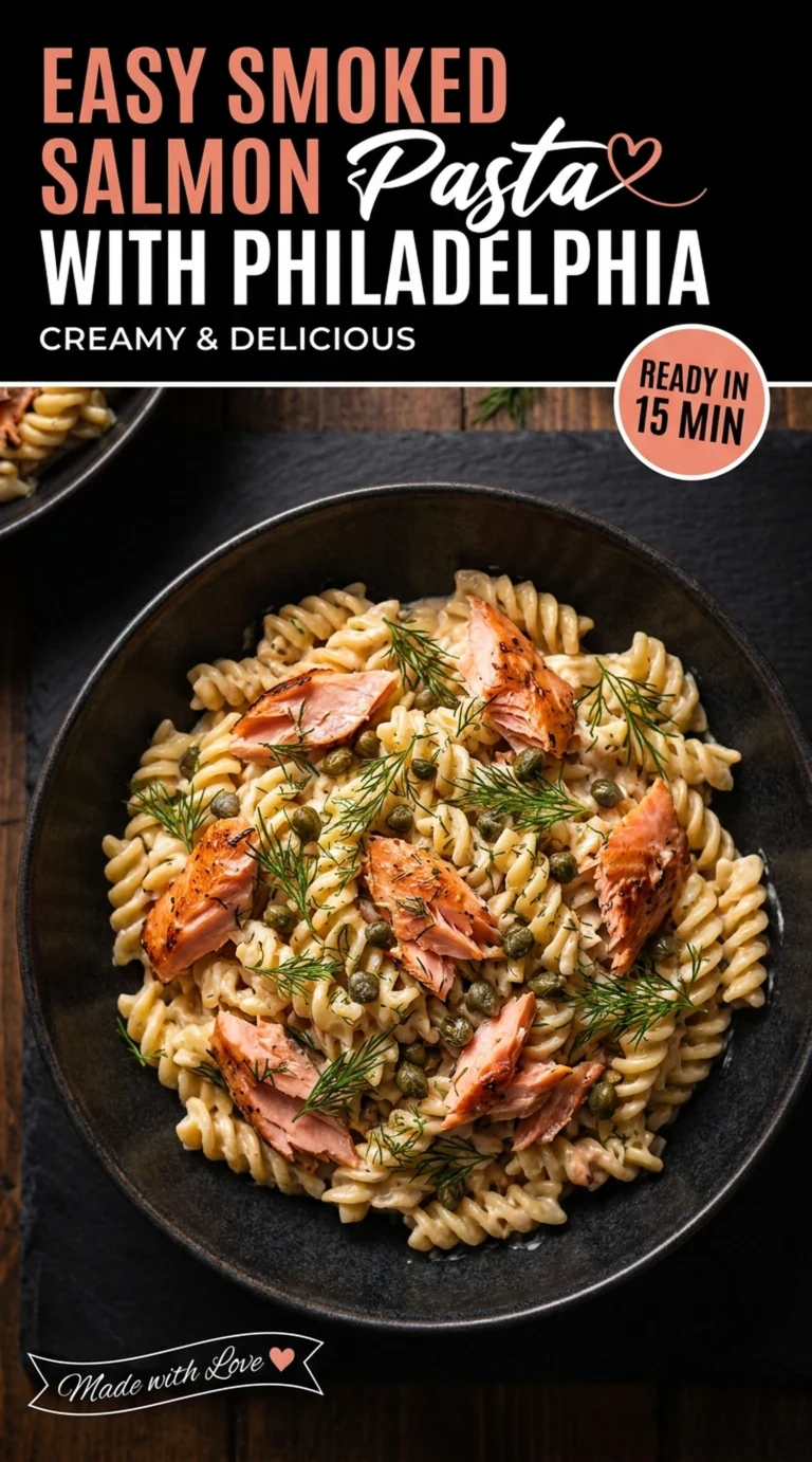 Creamy pasta with smoked salmon ribbons, fresh dill, and lemon slices in a white bowl on a wooden table.