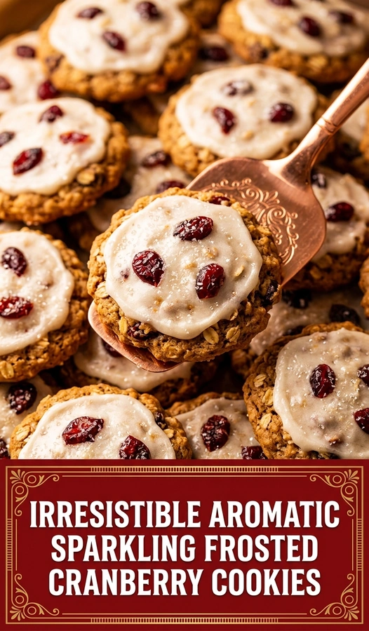 Round frosted cranberry cookies coated in sparkling sugar, stacked on a plate with fresh cranberries and a festive background.