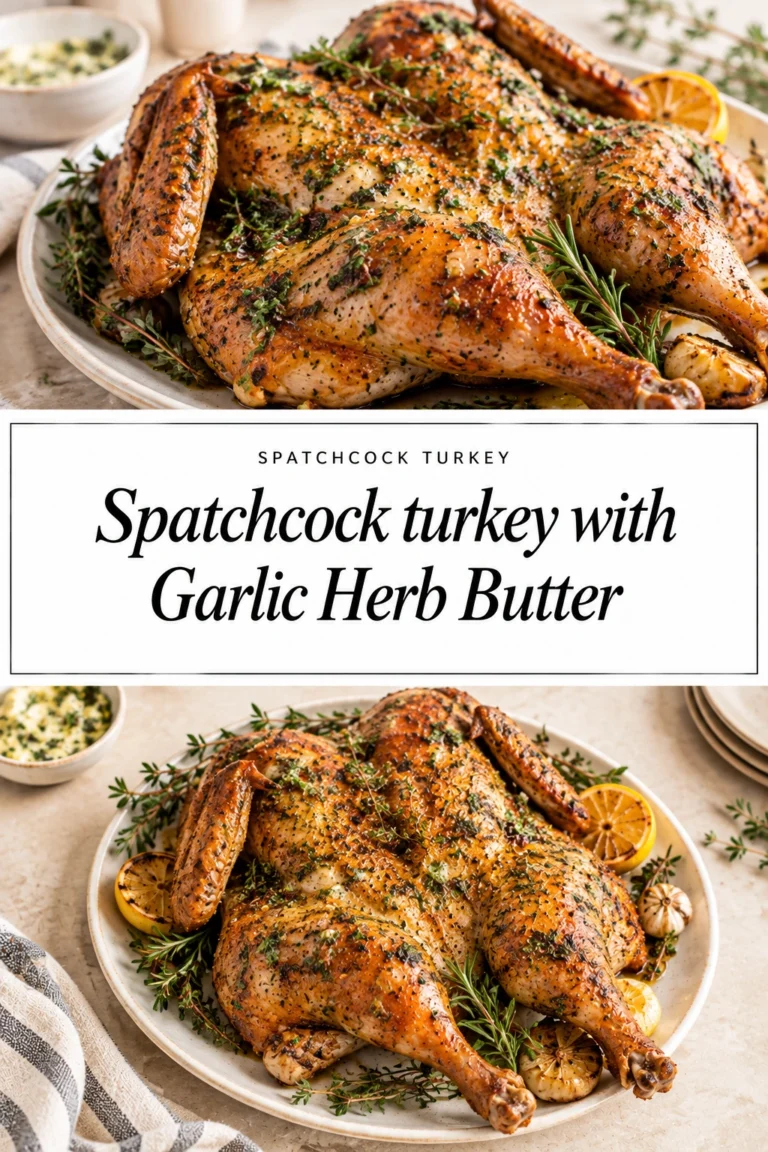 A golden-brown spatchcocked turkey roasted on a sheet pan, garnished with fresh herbs and melted garlic herb butter.
